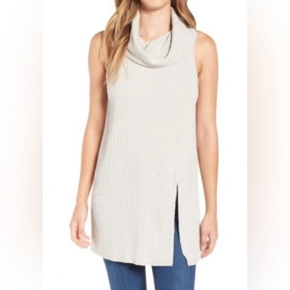 🌻 ASTR The Label Ribbed Cowl Neck Sleeveless Tunic Sweater Women's sz Large Slit - Picture 12 of 12